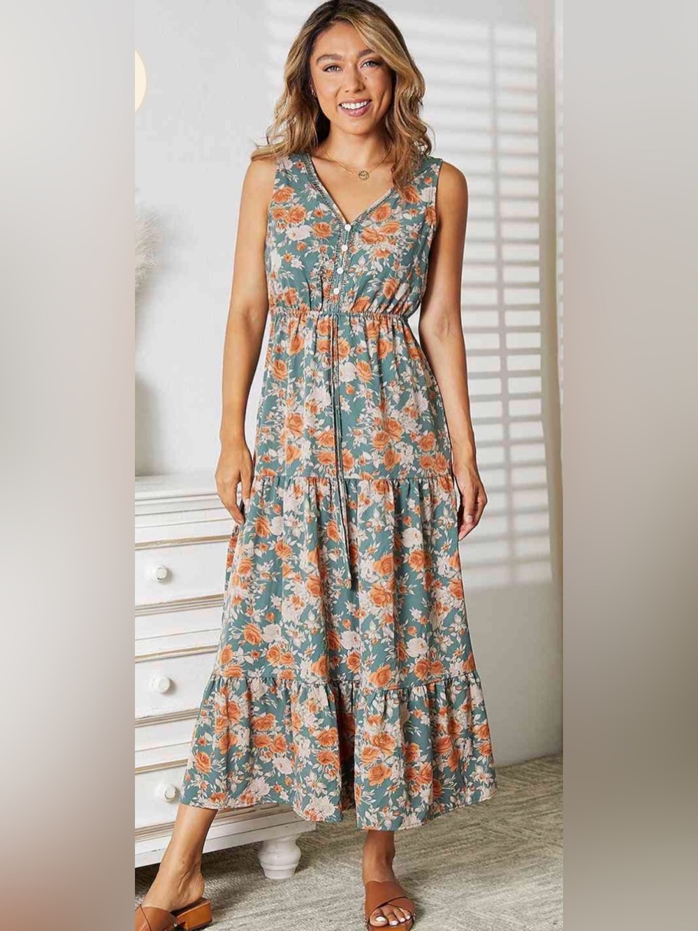Double Take Floral V-Neck Tiered Sleeveless Dress Size Medium